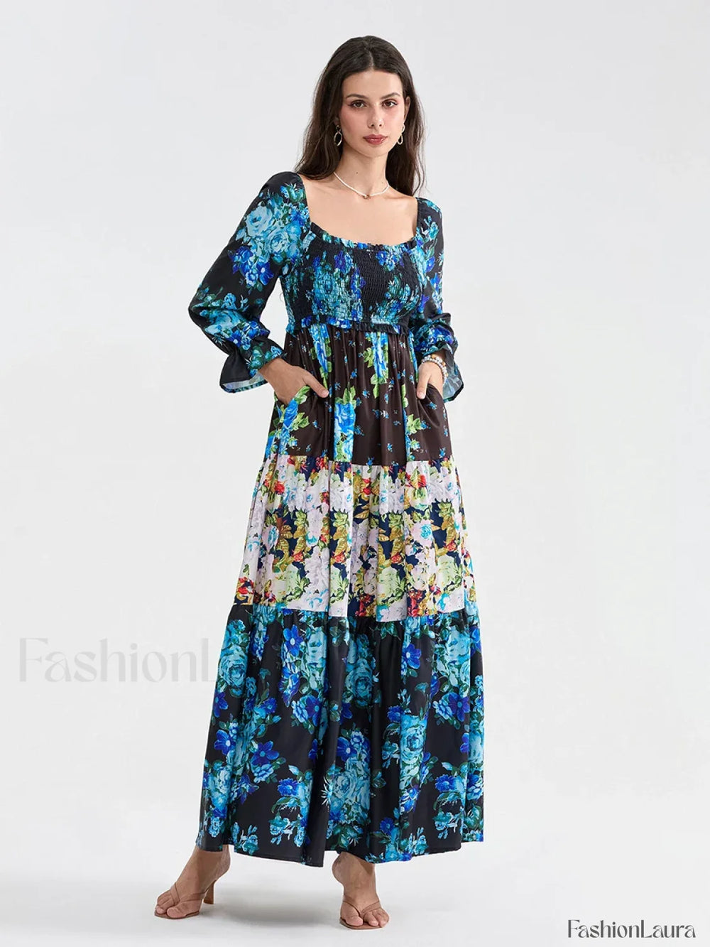 Patchwork Puff Sleeve Boho Dress green / S