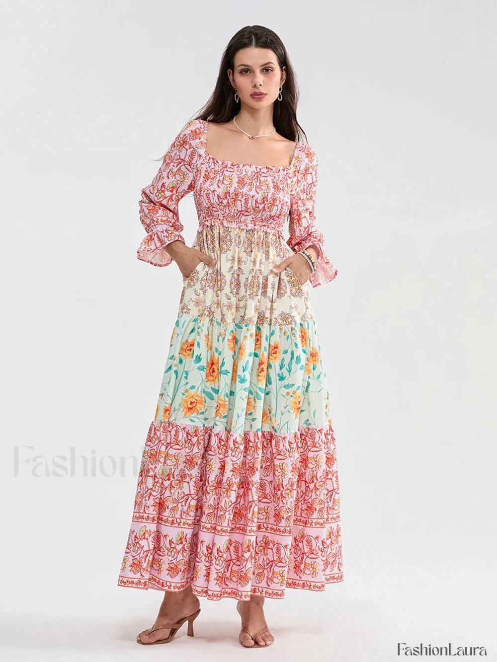 Patchwork Puff Sleeve Boho Dress pink / S
