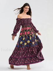 Patchwork Puff Sleeve Boho Dress wine / S