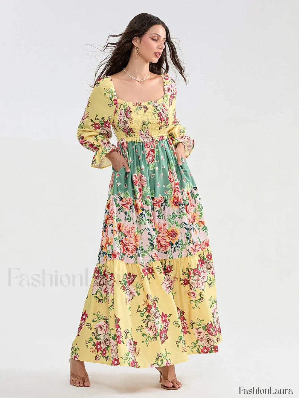 Patchwork Puff Sleeve Boho Dress yellow / S
