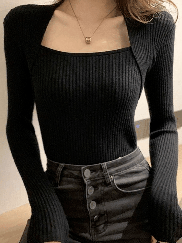 Patchwork Rib Knit Sweater Black / ONE SIZE Sweaters