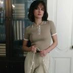 Patchwork Short Sleeve Knit Pullover T Shirt