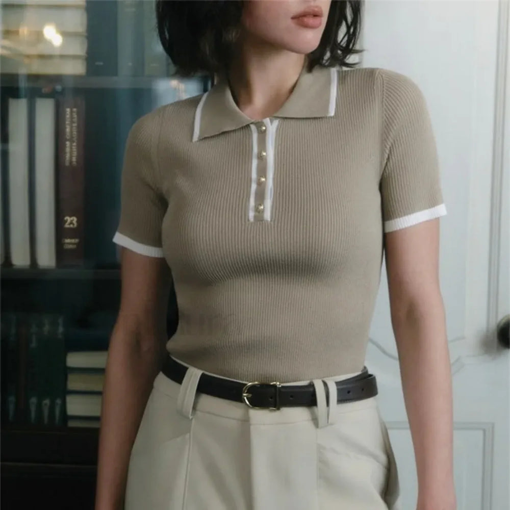 Patchwork Short Sleeve Knit Pullover T Shirt