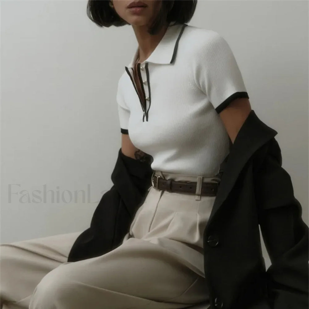 Patchwork Short Sleeve Knit Pullover T Shirt