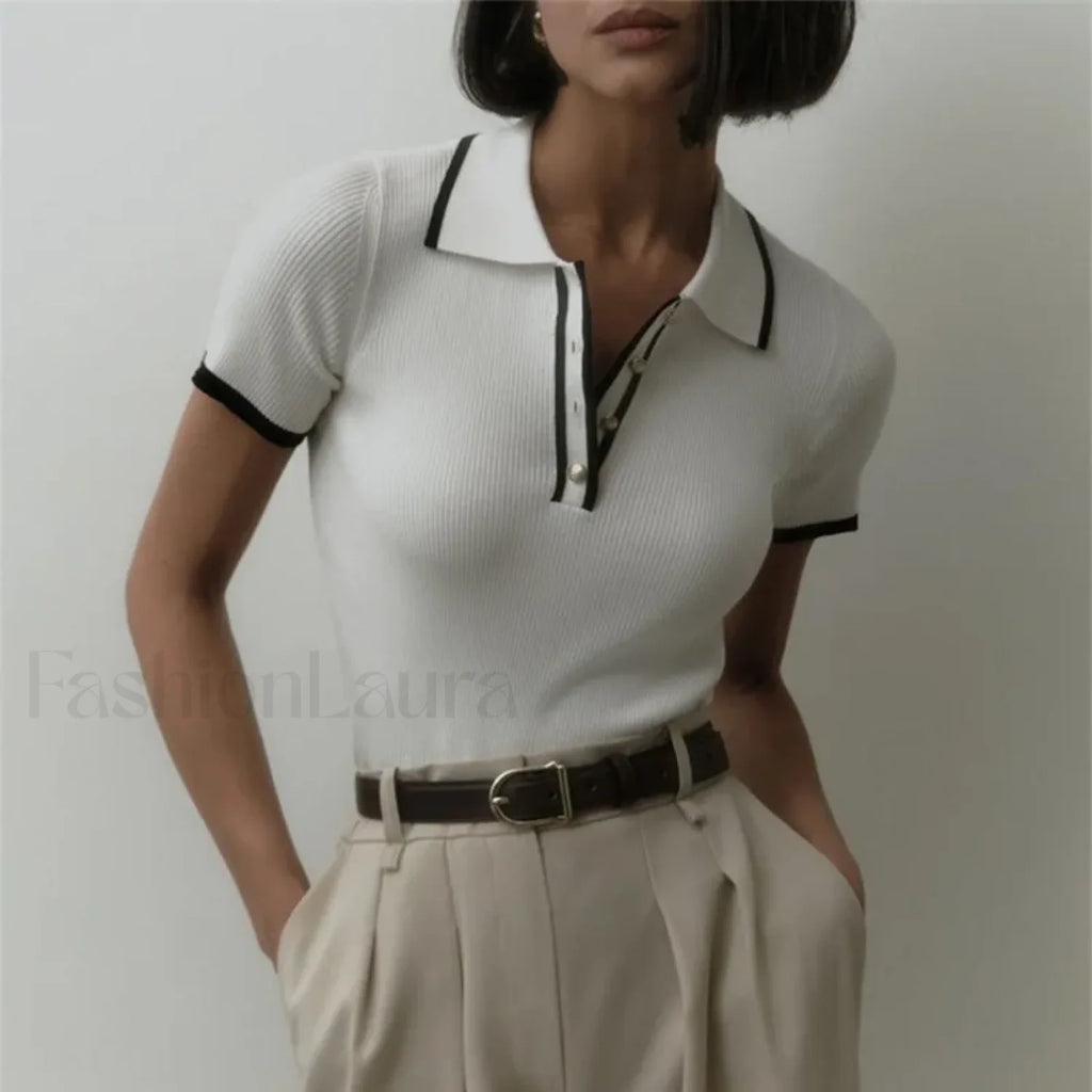 Patchwork Short Sleeve Knit Pullover T Shirt