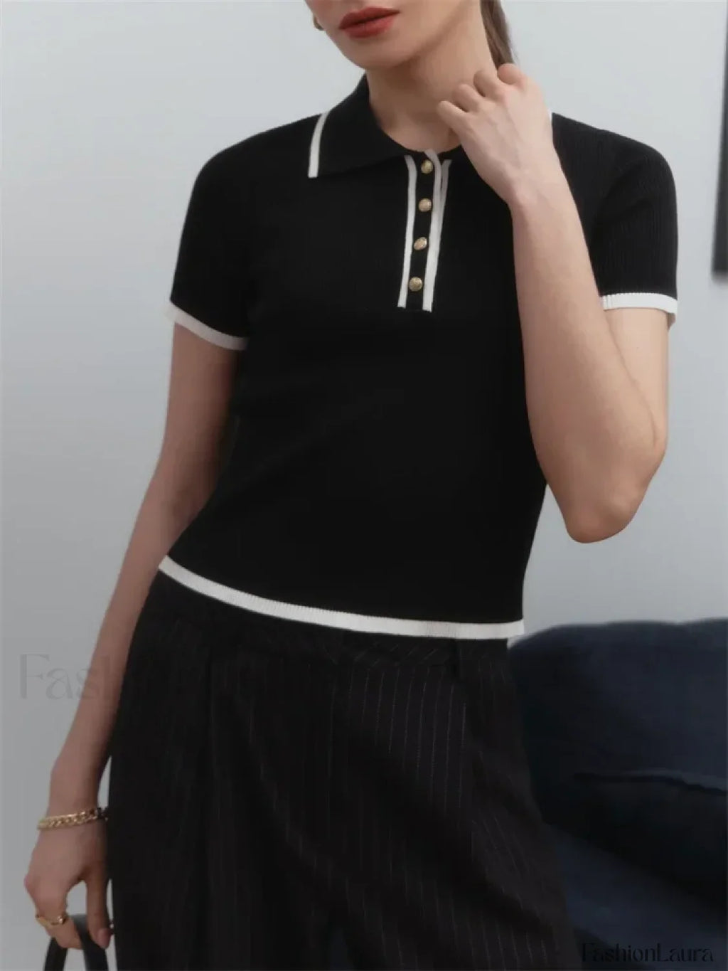 Patchwork Short Sleeve Knit Pullover T Shirt Black / S