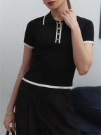 Patchwork Short Sleeve Knit Pullover T Shirt Black / S