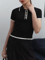 Patchwork Short Sleeve Knit Pullover T Shirt Black / S