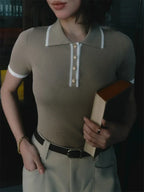 Patchwork Short Sleeve Knit Pullover T Shirt Khaki / S