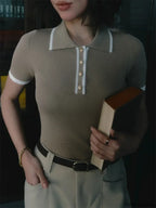 Patchwork Short Sleeve Knit Pullover T Shirt Khaki / S