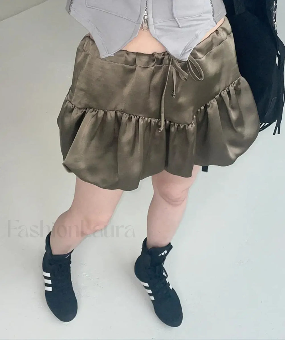 Patchwork Silk Tutu A line Skirt Army green / One Size