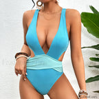 Patchwork Strapped Hollow One Piece Blue / S