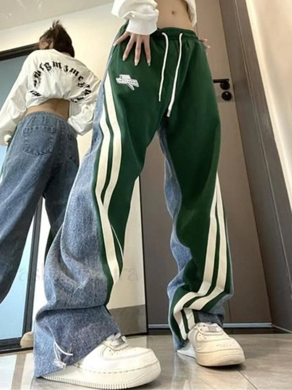 Patchwork Striped Baggy Boyfriend Jeans Green / M Boyfriend Jeans