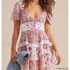 Patchwork Tiered Floral Dress purple / S