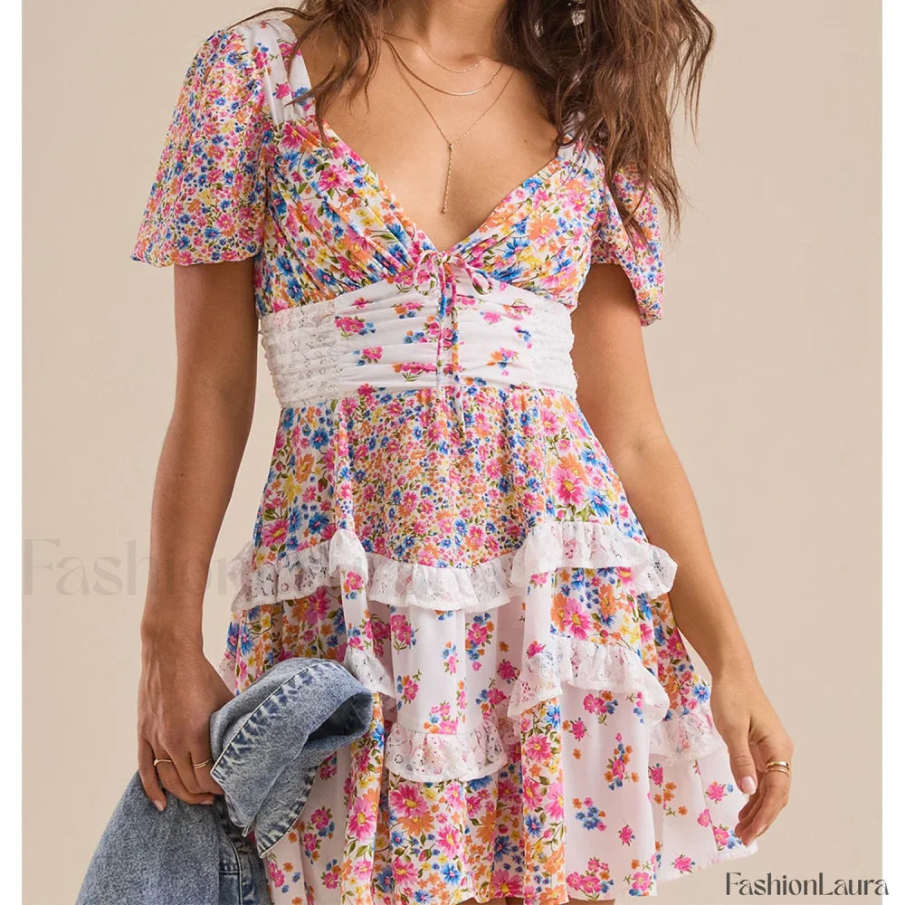 Patchwork Tiered Floral Dress purple / S