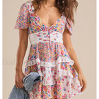 Patchwork Tiered Floral Dress purple / S