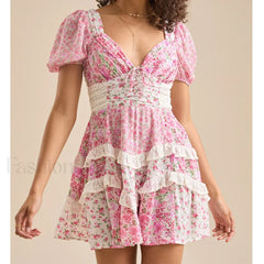 Patchwork Tiered Floral Dress red / S