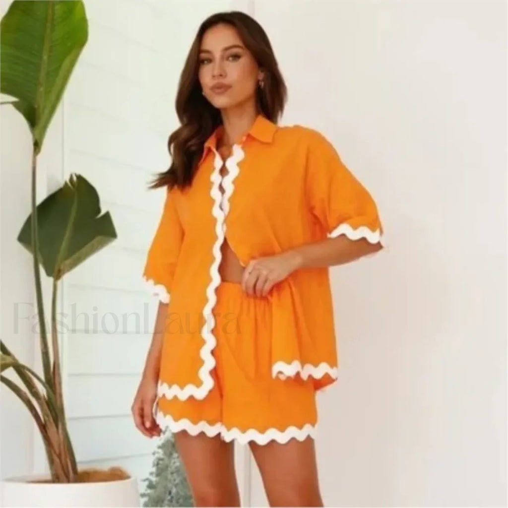 Patchwork Turn Down Shirt Loose Shorts Two Piece Set