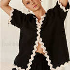 Patchwork Turn Down Shirt Loose Shorts Two Piece Set