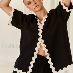 Patchwork Turn Down Shirt Loose Shorts Two Piece Set