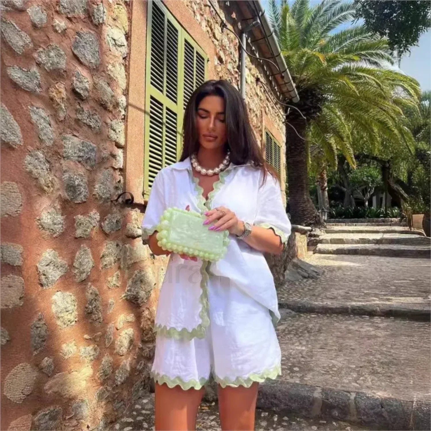 Patchwork Turn Down Shirt Loose Shorts Two Piece Set Secondary image