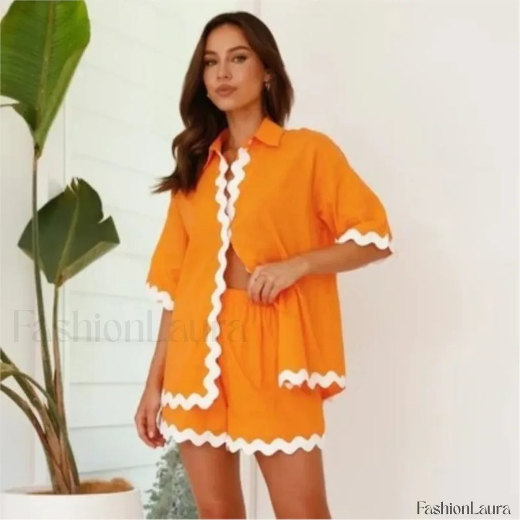 Patchwork Turn Down Shirt Loose Shorts Two Piece Set