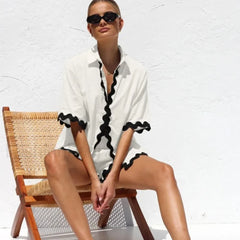 Patchwork Turn Down Shirt Loose Shorts Two Piece Set