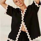 Patchwork Turn Down Shirt Loose Shorts Two Piece Set