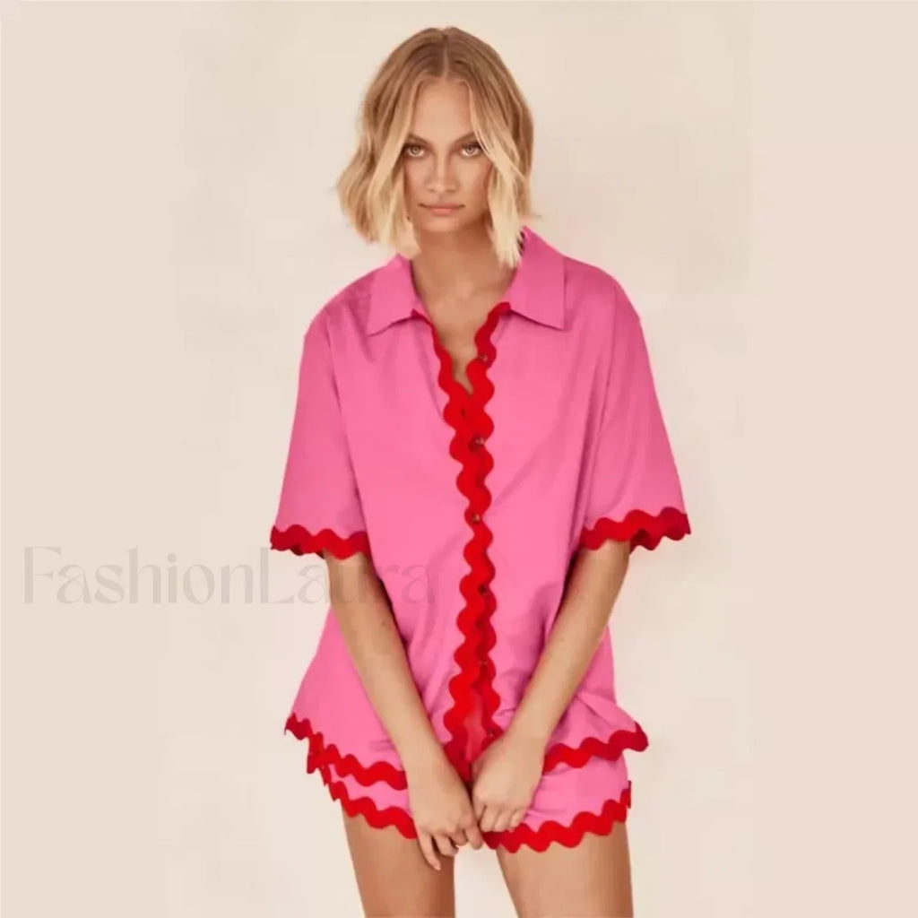 Patchwork Turn Down Shirt Loose Shorts Two Piece Set