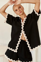 Patchwork Turn Down Shirt Loose Shorts Two Piece Set Black / S