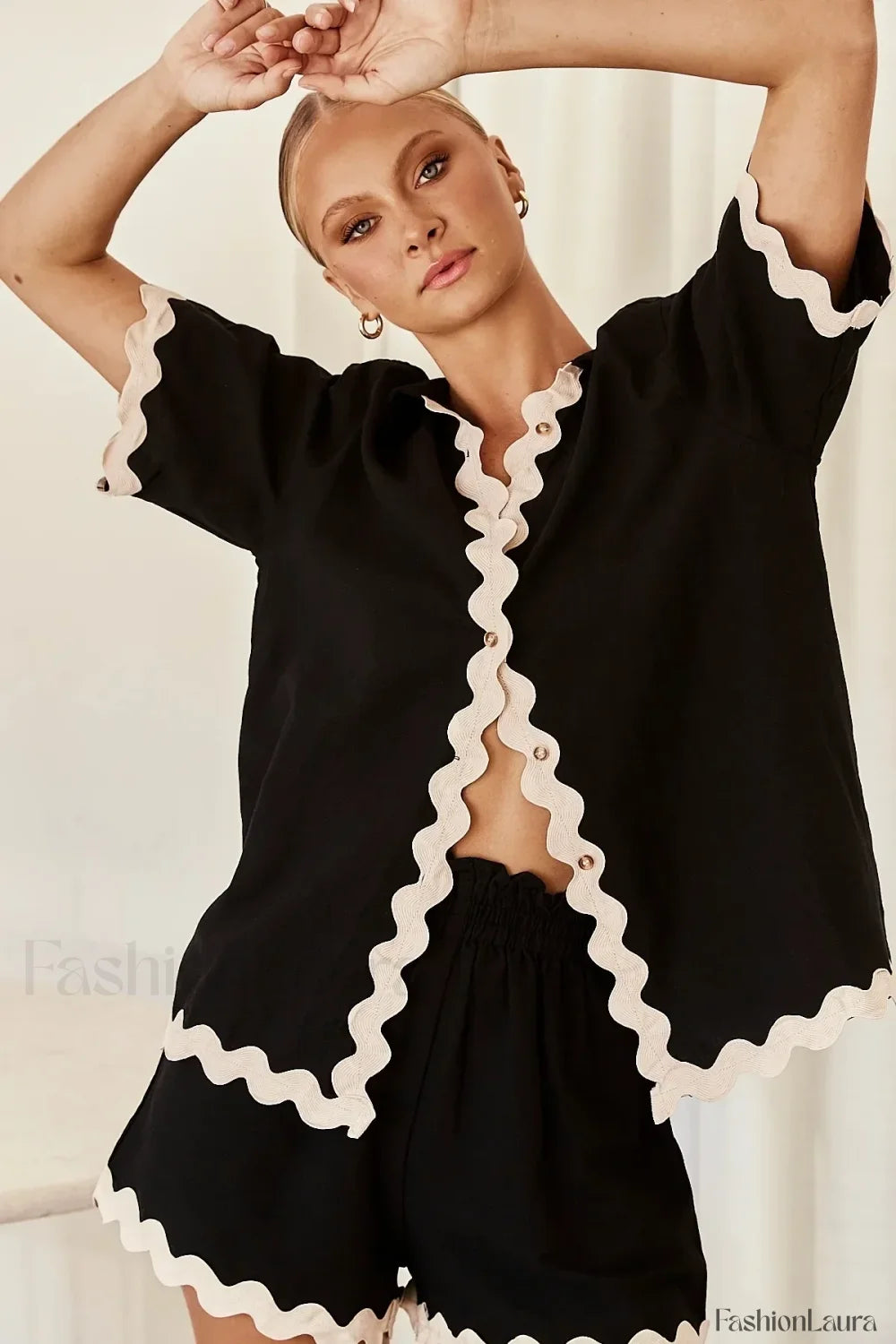 Patchwork Turn Down Shirt Loose Shorts Two Piece Set Black / S