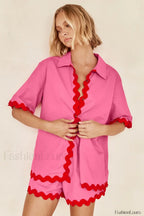 Patchwork Turn Down Shirt Loose Shorts Two Piece Set Rose Red / S