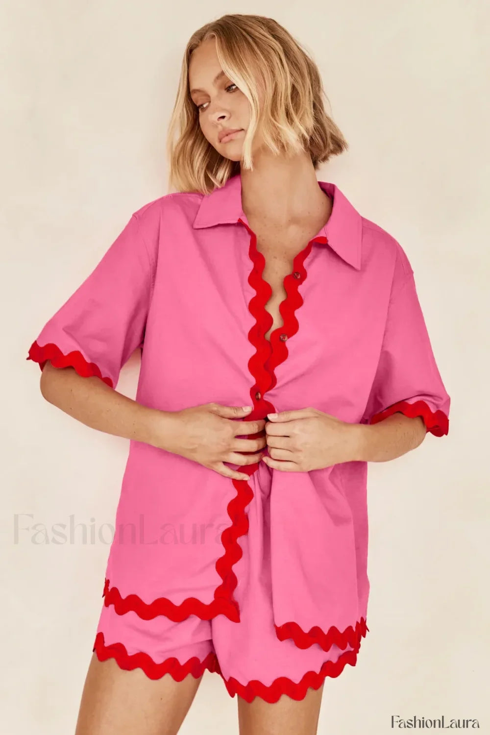 Patchwork Turn Down Shirt Loose Shorts Two Piece Set Rose Red / S
