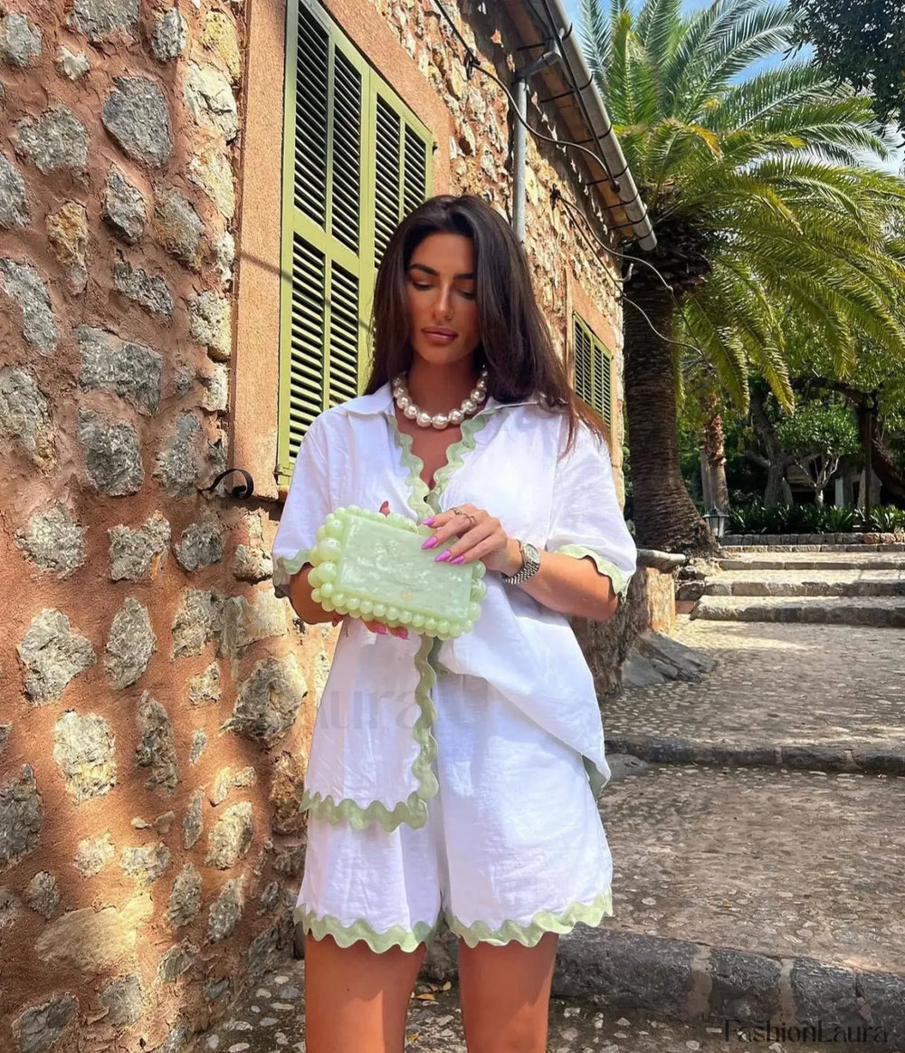 Patchwork Turn Down Shirt Loose Shorts Two Piece Set White 02 / S