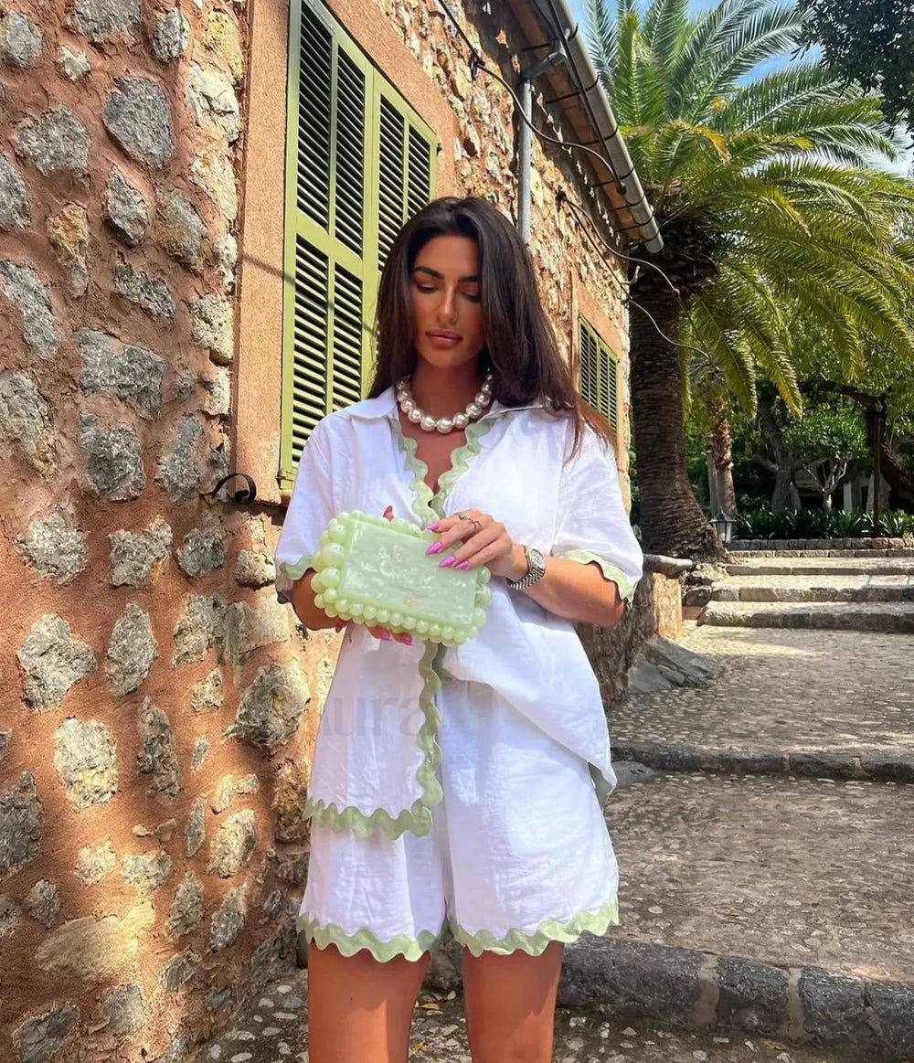 Patchwork Turn Down Shirt Loose Shorts Two Piece Set White 02 / S