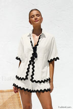 Patchwork Turn Down Shirt Loose Shorts Two Piece Set WHITE / S