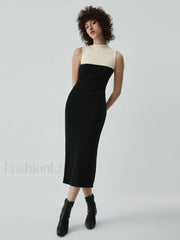 Patchwork Two Tone Mock Modern Neck Midi Sweater Dress Black / S Sweaters L