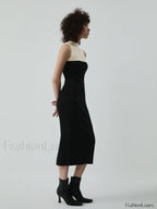 Patchwork Two Tone Mock Modern Neck Midi Sweater Dress Sweaters L