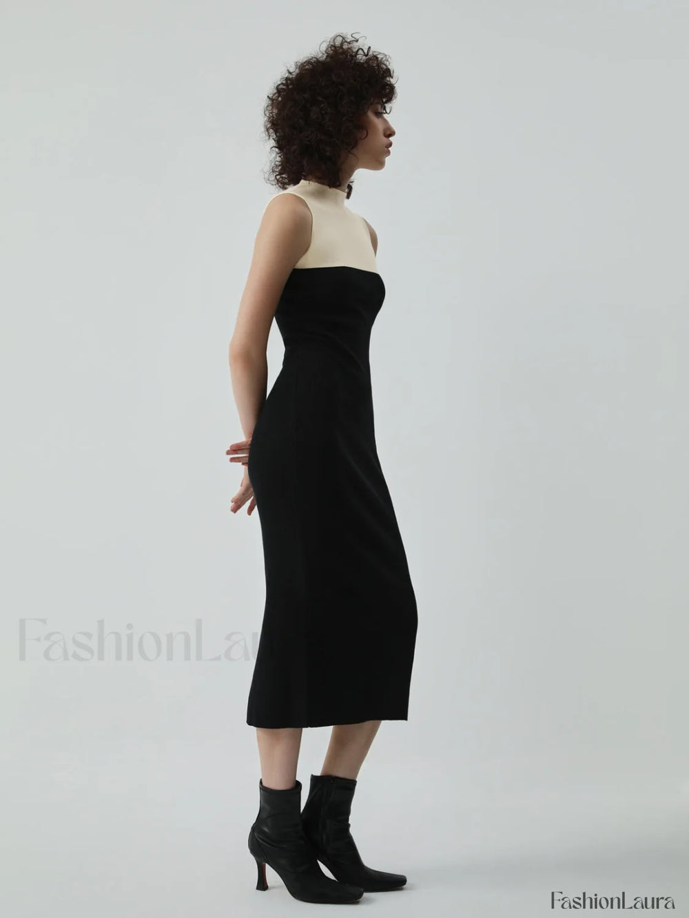 Patchwork Two Tone Mock Modern Neck Midi Sweater Dress Sweaters L