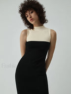 Patchwork Two Tone Mock Modern Neck Midi Sweater Dress Sweaters L