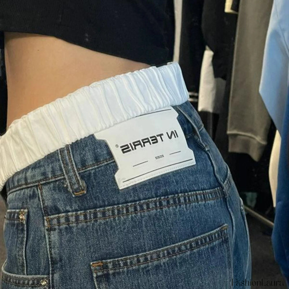 Patchwork Waist High Rise Boyfriend Jeans Jeans