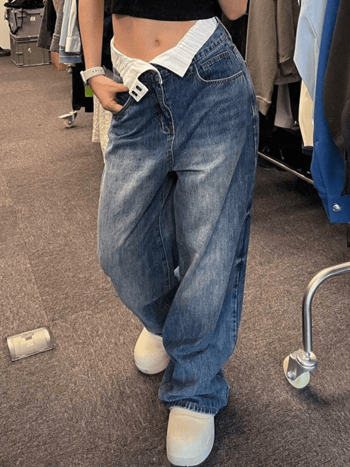 Patchwork Waist High Rise Boyfriend Jeans Blue / S Jeans