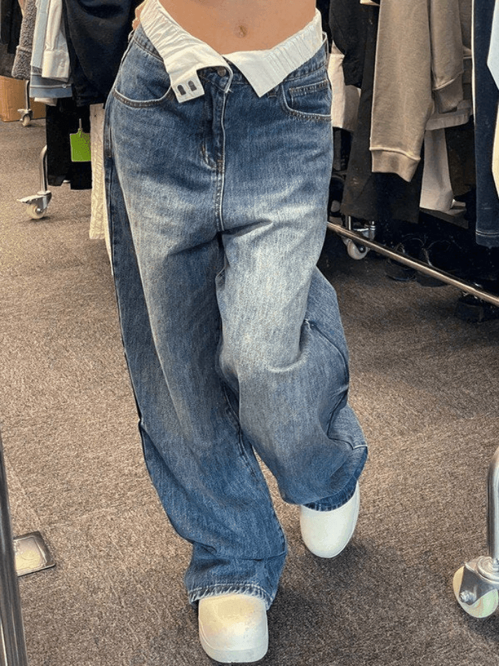Patchwork Waist High Rise Boyfriend Jeans Jeans