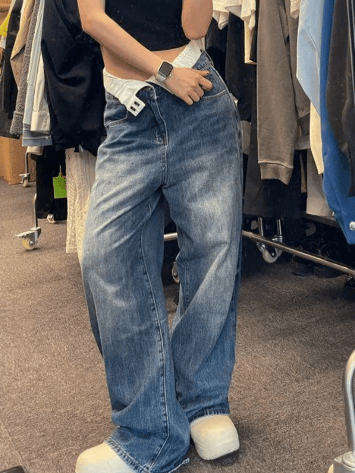 Patchwork Waist High Rise Boyfriend Jeans Jeans