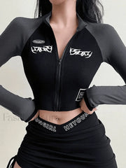 Patchwork Zip Up Long Sleeve Crop Top Black / S Tops&Tees