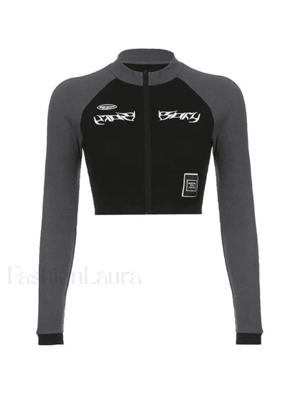 Patchwork Zip Up Long Sleeve Crop Top Tops&Tees