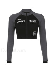 Patchwork Zip Up Long Sleeve Crop Top Tops&Tees