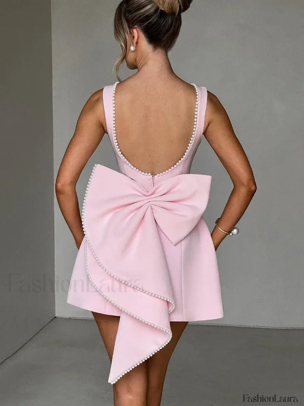 Pearl Bow Sleeveless Mini Dress Pink / S