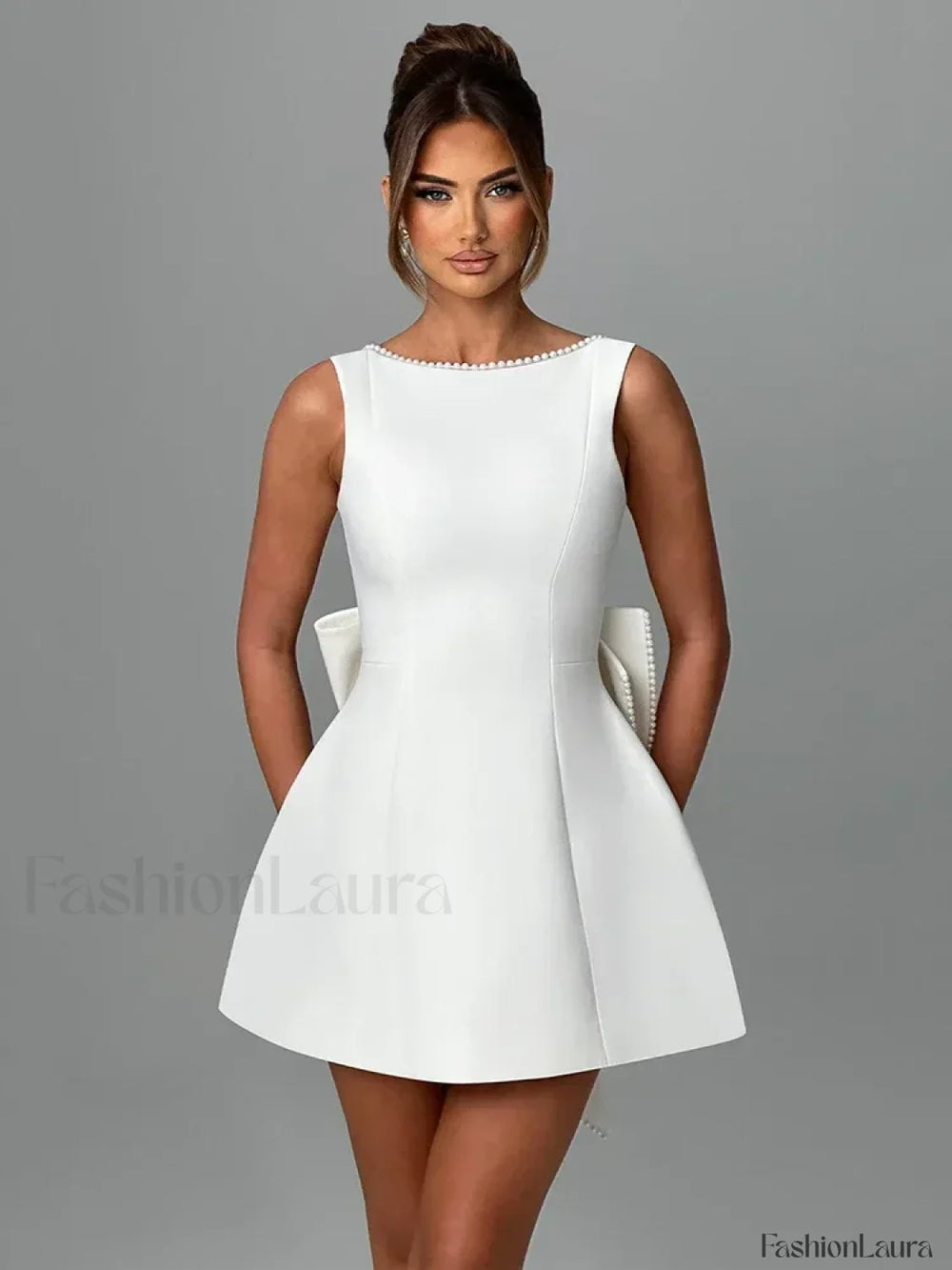 Pearl Bow Sleeveless Mini Dress WHITE / S