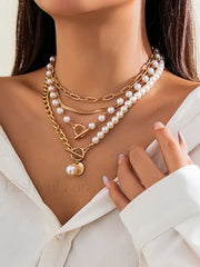 Pearl Decor Chain Layered Necklace Gold / One Size Necklaces